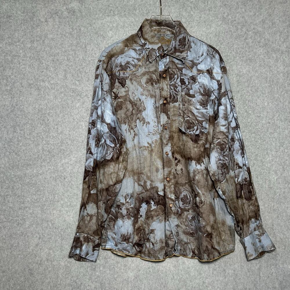 Tommy Bahama Denim Womens M Linen Floral Button Up Shirt Blue Brown Boho Western
